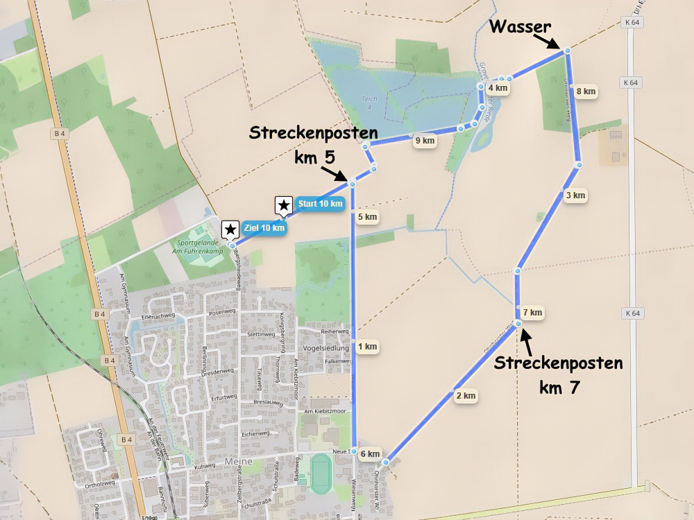 Streckenkarte des 10-km-Volkslaufs in Meine